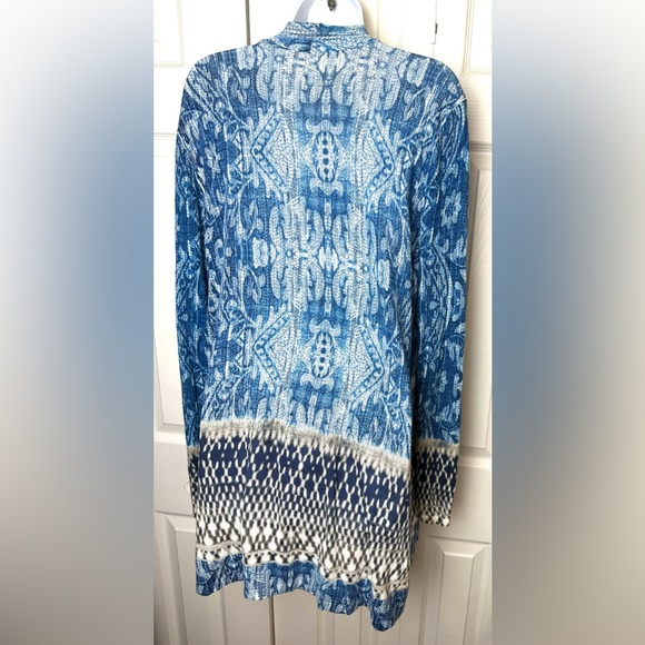 CHICOS Mixed Paisley Maizy Cardigan Sweater Long Blue Ivory Open Front Thin Knit - Picture 8 of 14